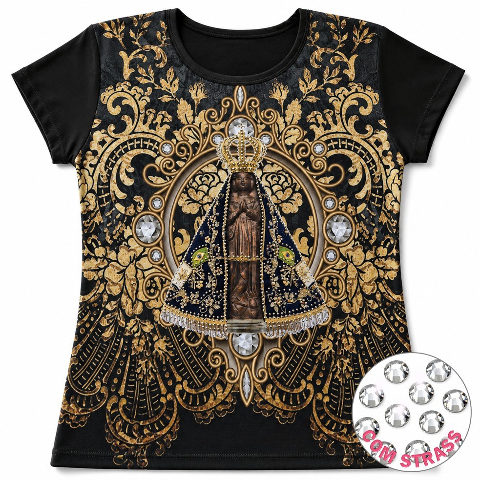 Camisa Camiseta Blusa Feminina Baby Look NOSSA SENHORA APARECIDA Preta Religiosa Católica Brilho Strass Linda Presente