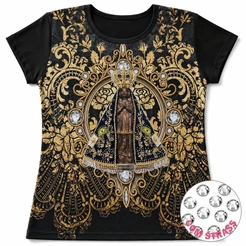 Camisa Camiseta Blusa Feminina Baby Look NOSSA SENHORA APARECIDA Preta Religiosa Católica Brilho Strass Linda Presente