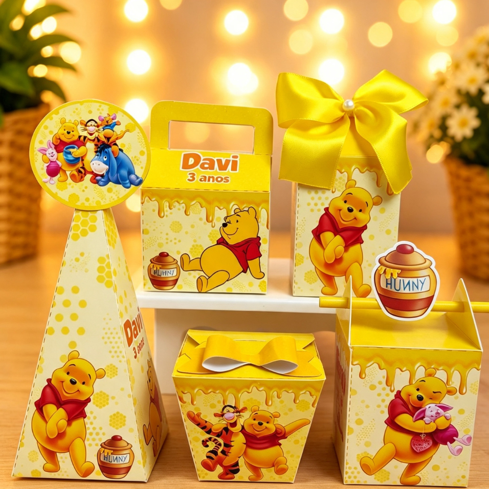 Kit Festa Ursinho Pooh Personalizado | Lembrancinha Ursinho Pooh l Pegue e Monte | Caixinhas Personalizadas Infantil