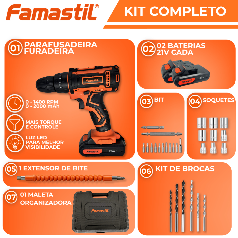 Imagem de Furadeira Parafusadeira a Bateria Impacto 21V + Kit 35 Peças Famastil com 2 Baterias