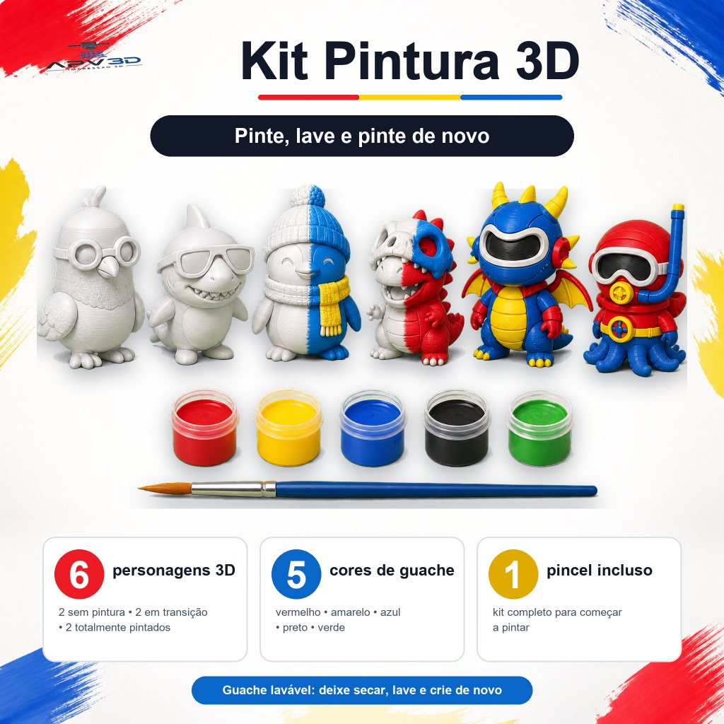 Kit Pintura 3D Infantil Lavável com 6 Bonecos articulados, 5 Tintas Guache e Pincel – Brinquedo Educativo