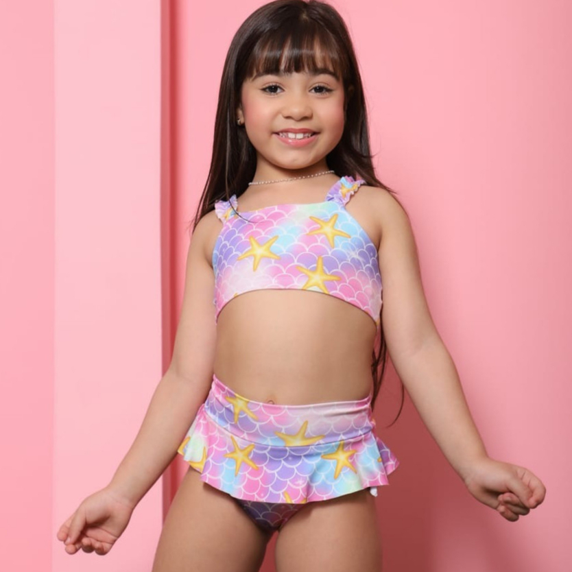 Biquíni Infantil Sereia Menina infantil Com Saia Babadinho Alça Frufru Proteção UV Praia Piscina Verão