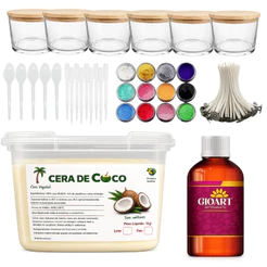 Kit 44 Itens Completo Vela Aromática Iniciante Profissional - Cera de Coco 1kg + Pote Pate + Pavio + Pigmento