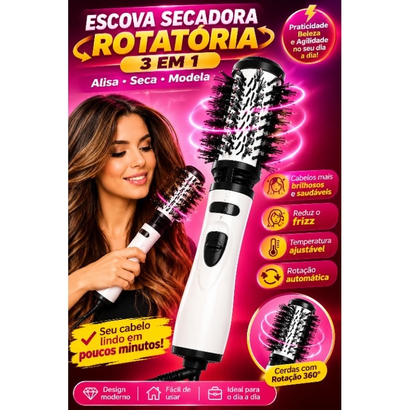 Escova Secadora Rotatória 3 em 1 Profissional  Alisa Seca Modela Cabelos com Ar Quente 900W