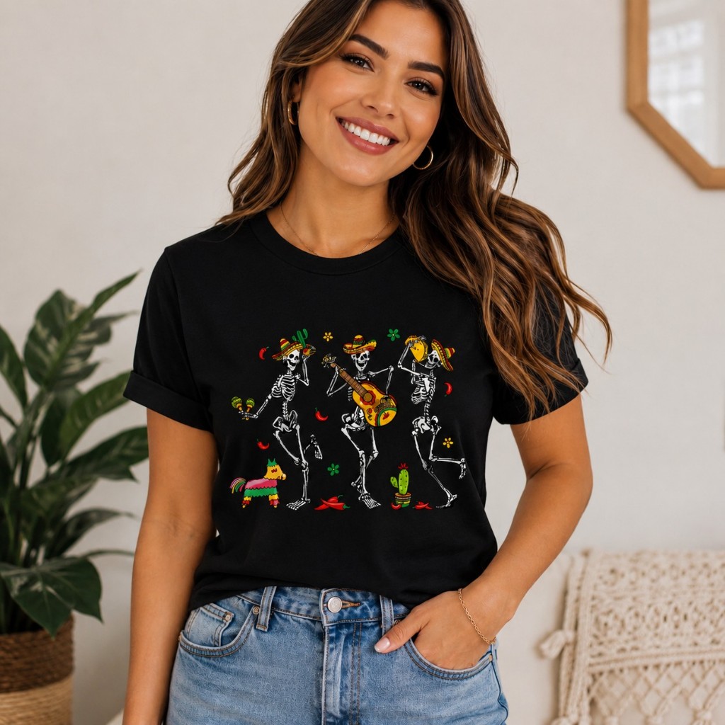 Camiseta T-Shirt Caveiras Mexicanas Dançando Unissex – Estampa Divertida Colorida – Manga Curta em Algodão