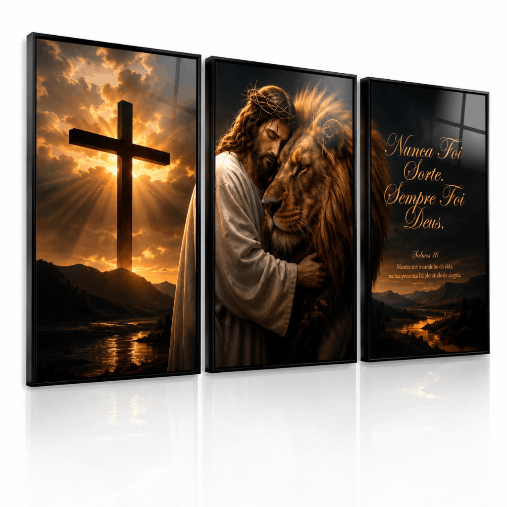 Quadro Decorativo Jesus e Leão Kit 3 Peças Nunca Foi Sorte Sempre Foi Deus Religioso Cristão Sala Quarto MDF