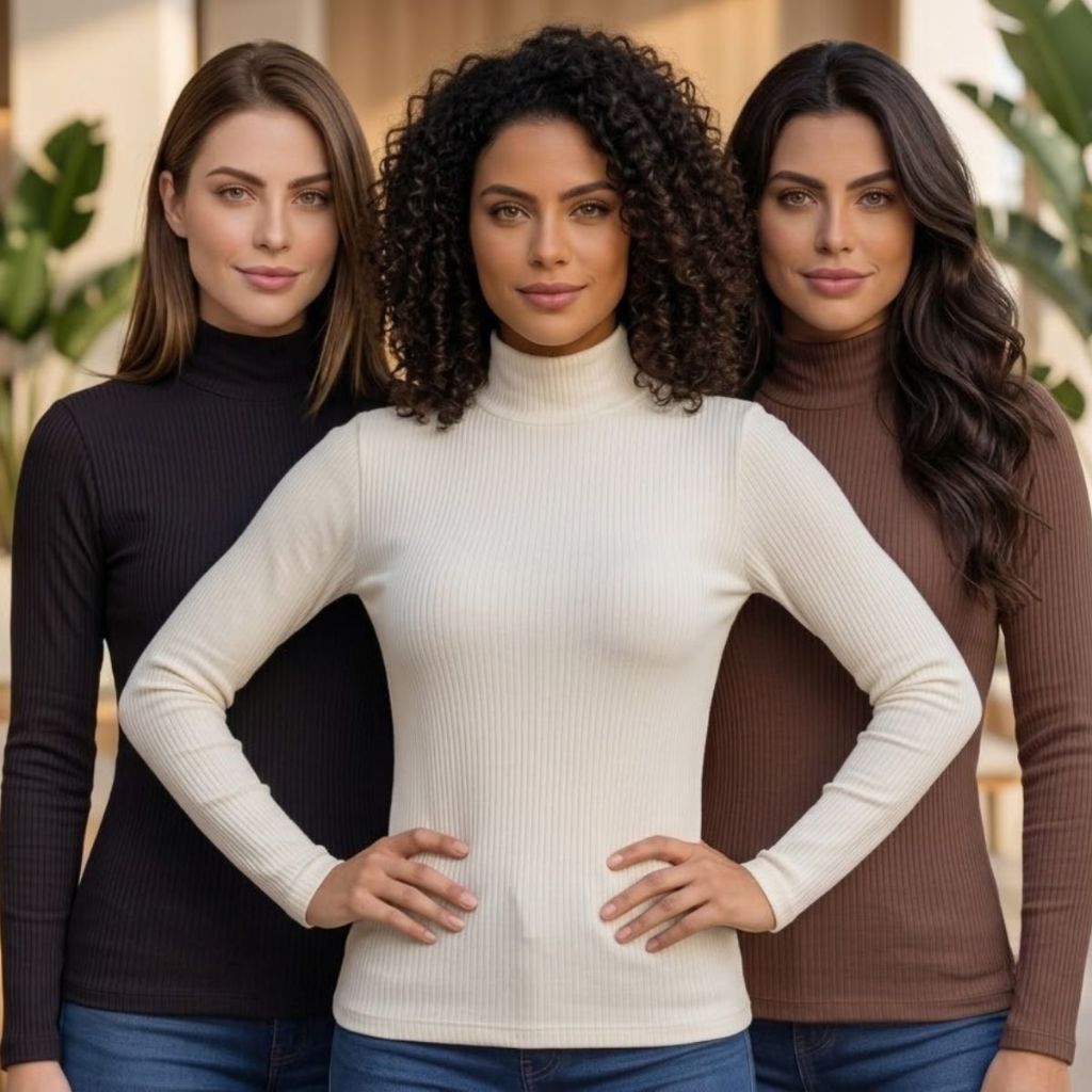 Kit 3 Blusa Cacharrel Feminina Canelada Gola Alta Manga Longa Básica Inverno Elegante Confortável