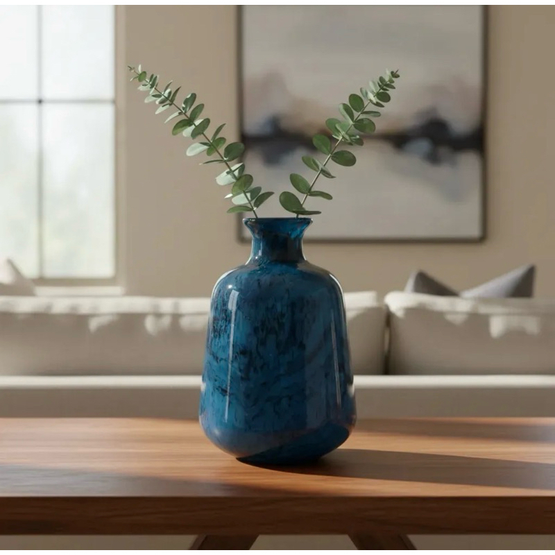 Vaso Decorativo Murano Azul Mescla 17cm x 26cm Vaso Decorativo de Vidro elegante para decoração Sala e Aparador