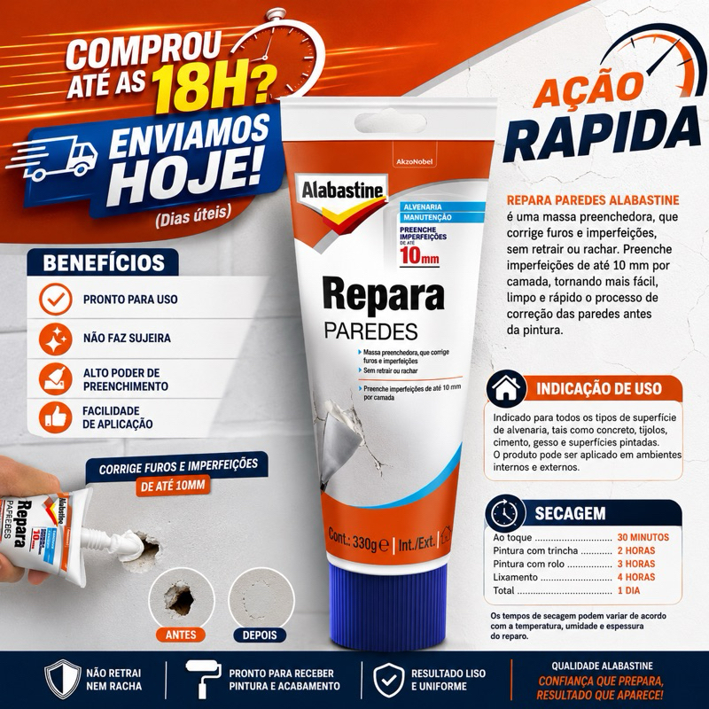 Repara Paredes Massa Tapa Furos Preenchedora 330g Ação Rápida Alabastine