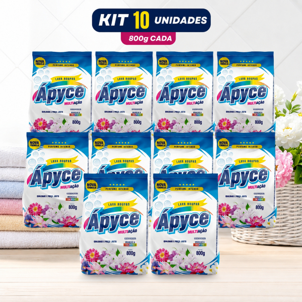 Kit 10 Sabão em Pó Ápyce 800g Multiação – Lava Roupas, Perfume Intenso, Limpeza Profunda