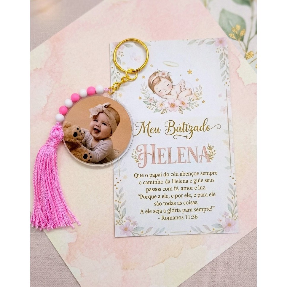 Kit 10 Chaveiros Personalizados com Foto + Cartão Batizado | Lembrancinha Batismo Menino e Menina