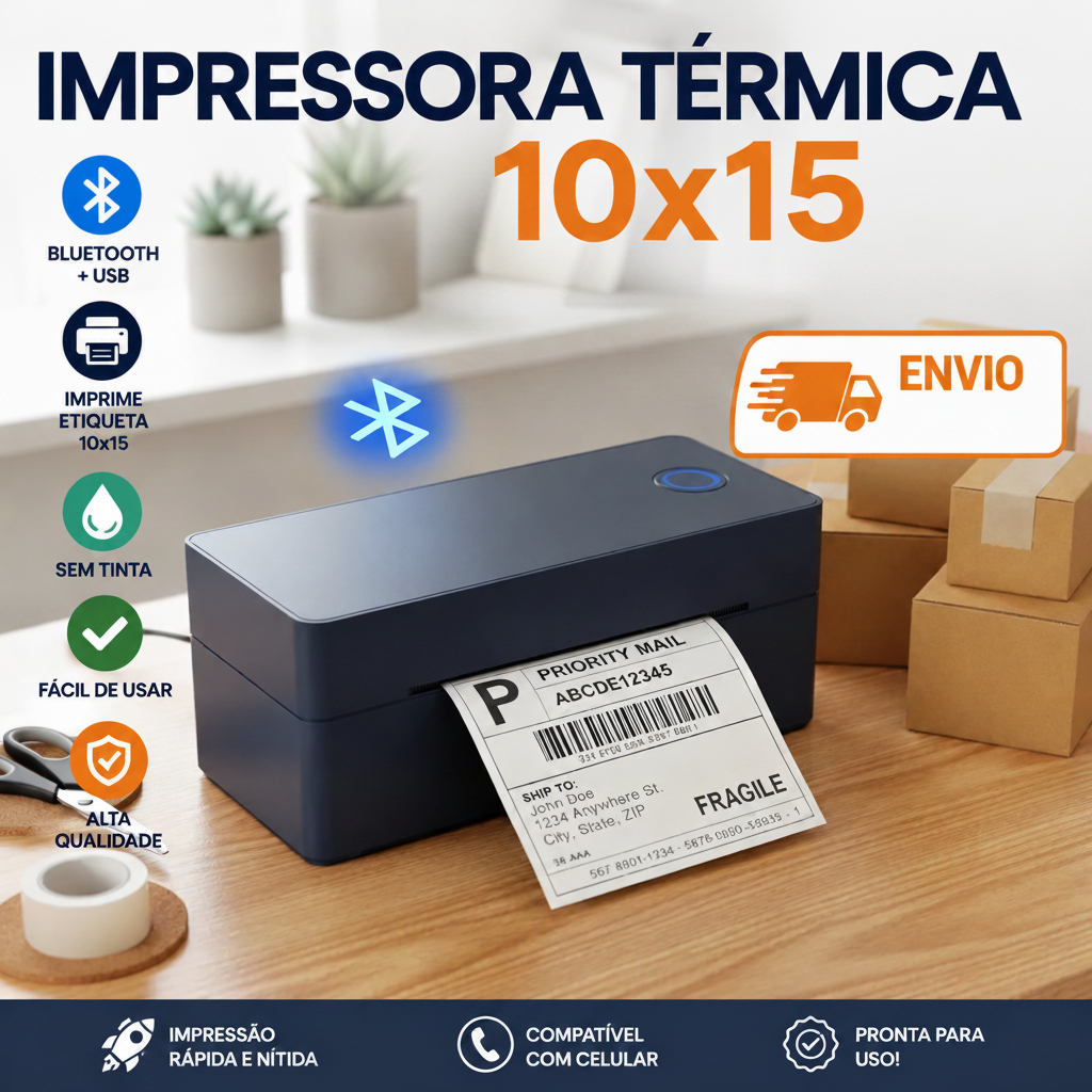 Impressora Termica de Etiquetas 100x15 Bluetooth 4x6 Para Shopee Mercado Livre Correios Compatível com PC e Celular