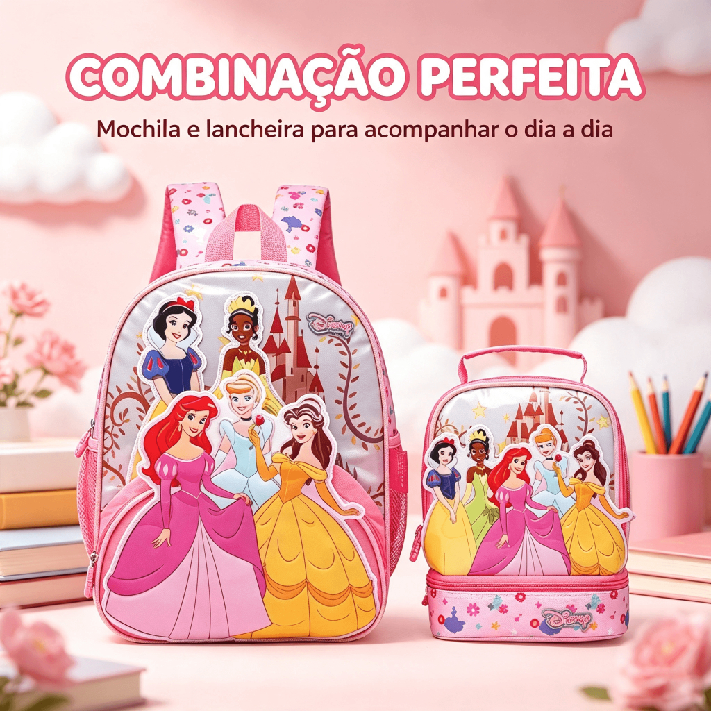 Kit Mochila Costas Lancheira Térmica Princesas Pré Escolar Menina Disney