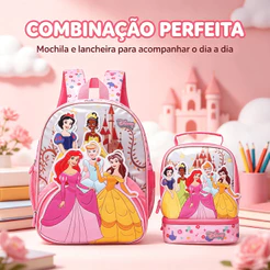 Kit Mochila Costas Lancheira Térmica Princesas Pré Escolar Menina Disney