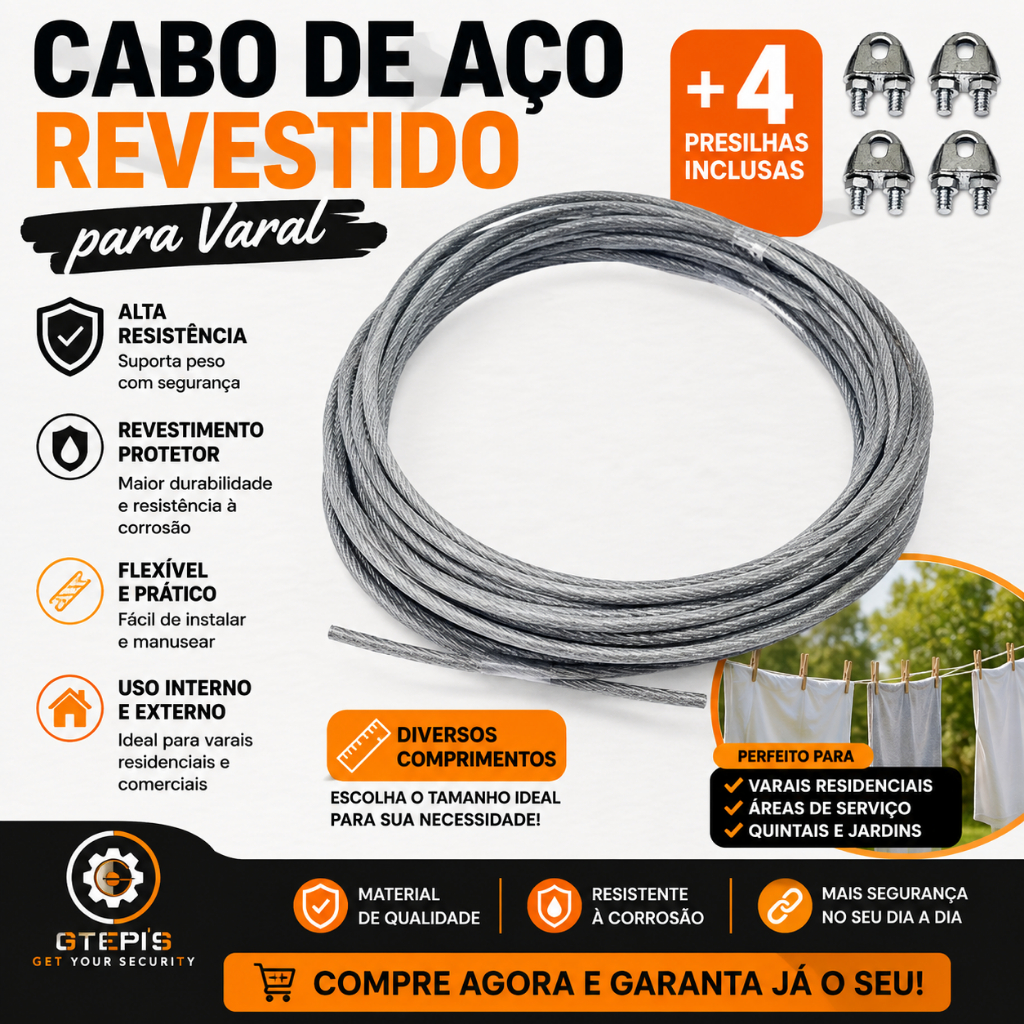 Cabo de Aço Revestido para Varal + 4 Presilhas – Alta Resistência e Durabilidade