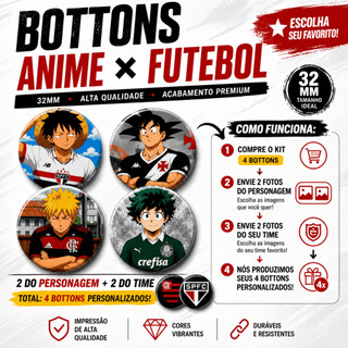 Kit 4 Bottons Personalizados Anime Futebol 32mm Broche Pin Personalizado