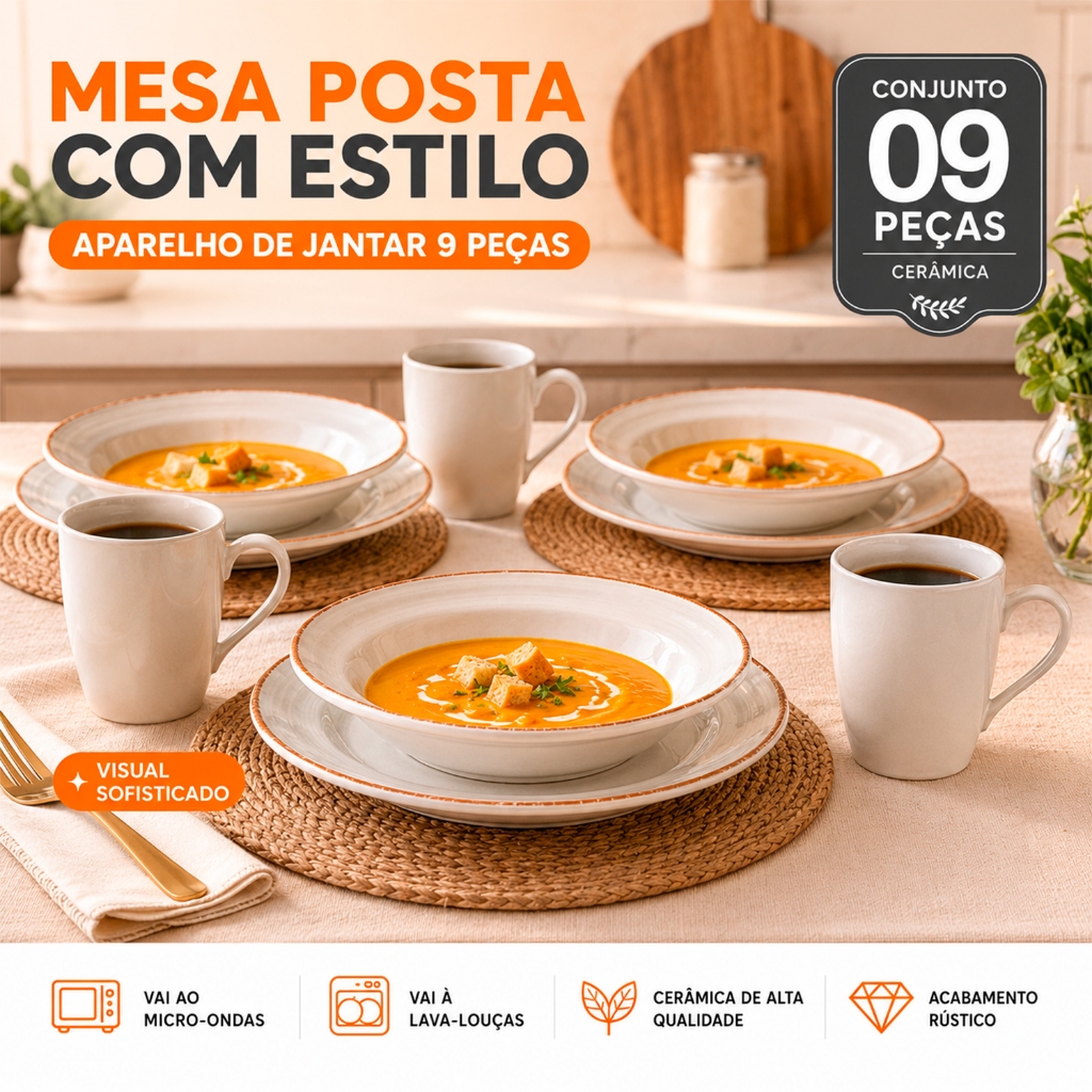 Aparelho de Jantar 9 Peças Casilda Cerâmica Premium Ideal para Mesa Posta