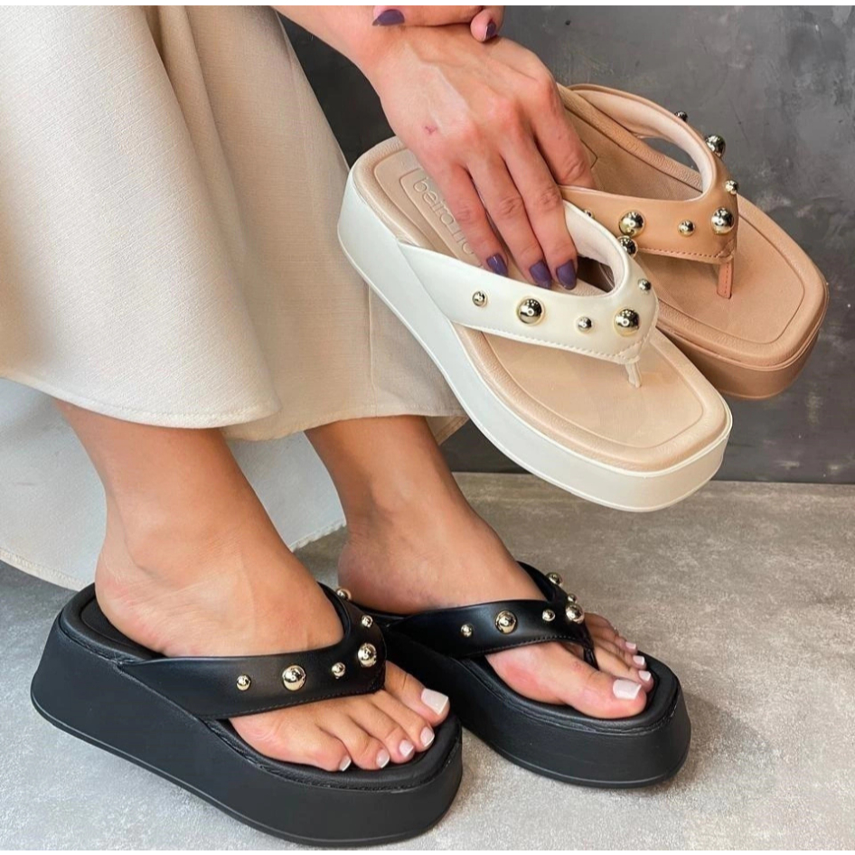 Tamanco Feminino Beira Rio Conforto Flatform Salto Anabela Plataforma Esferas Dourada