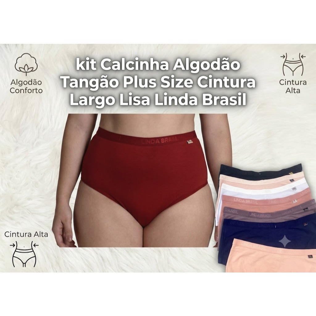 KIT CALCINHA PLUS SIZE ALGODÃO TANGÃO CINTURA ALTA CÓS ALTO LINDA BRASIL