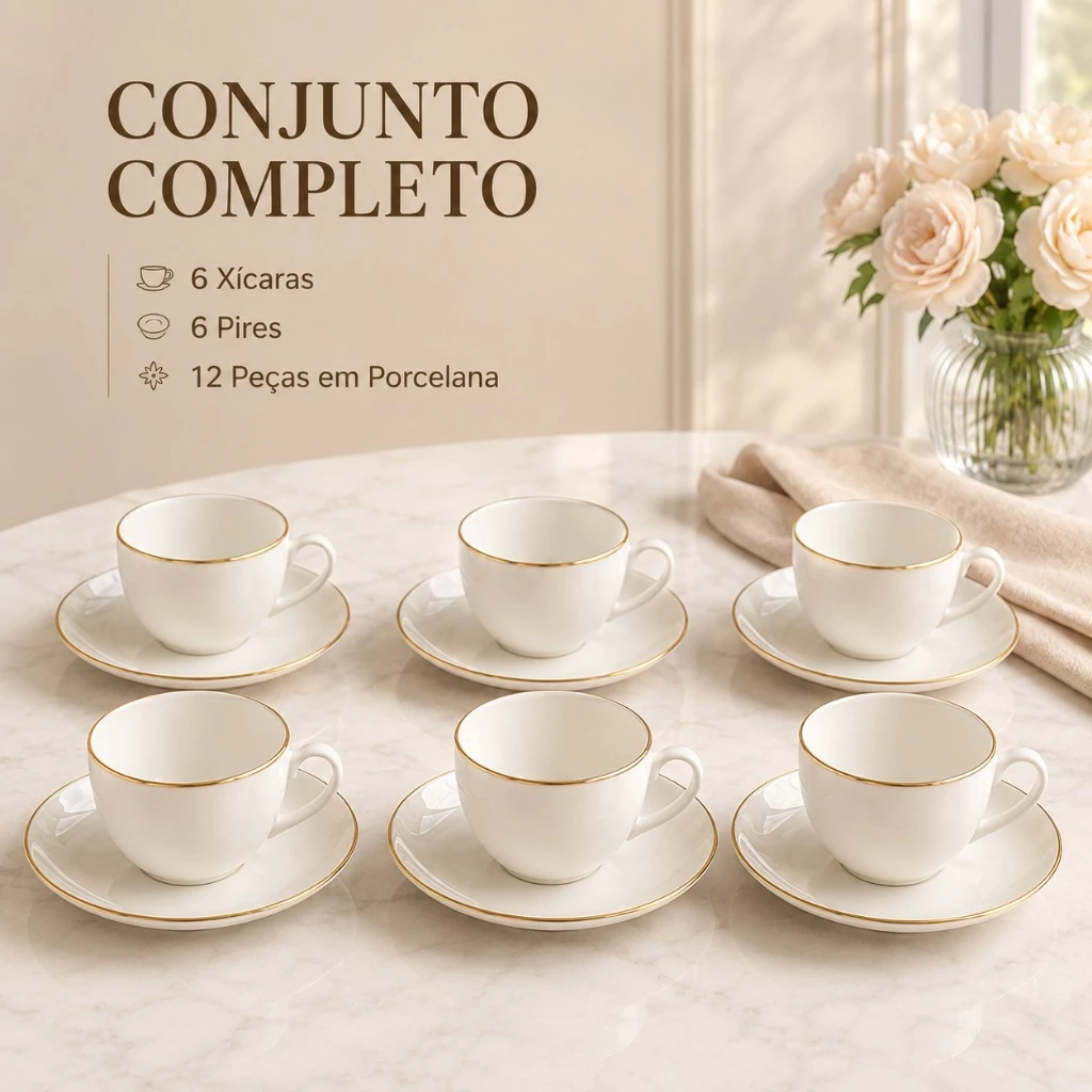 Conjunto 6 Xícaras Porcelana Branca 85 ml Pires Madeira Café Chá Mesa Café Manhã Mesa Posta Completa Aconchegante — imagem 1
