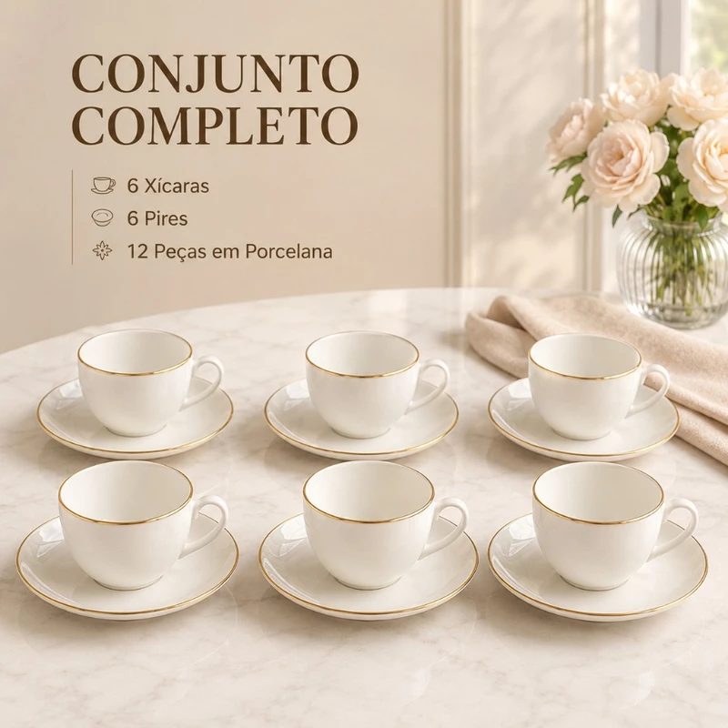Conjunto 6 Xícaras Porcelana Branca 85 ml Pires Madeira Café Chá Mesa Café Manhã Mesa Posta Completa Aconchegante