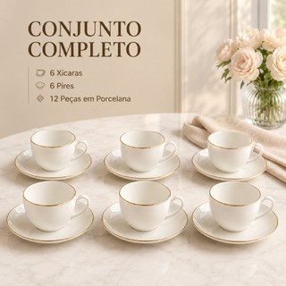 Conjunto 6 Xícaras Porcelana Branca 85 ml Pires Madeira Café Chá Mesa Café Manhã Mesa Posta Completa Aconchegante