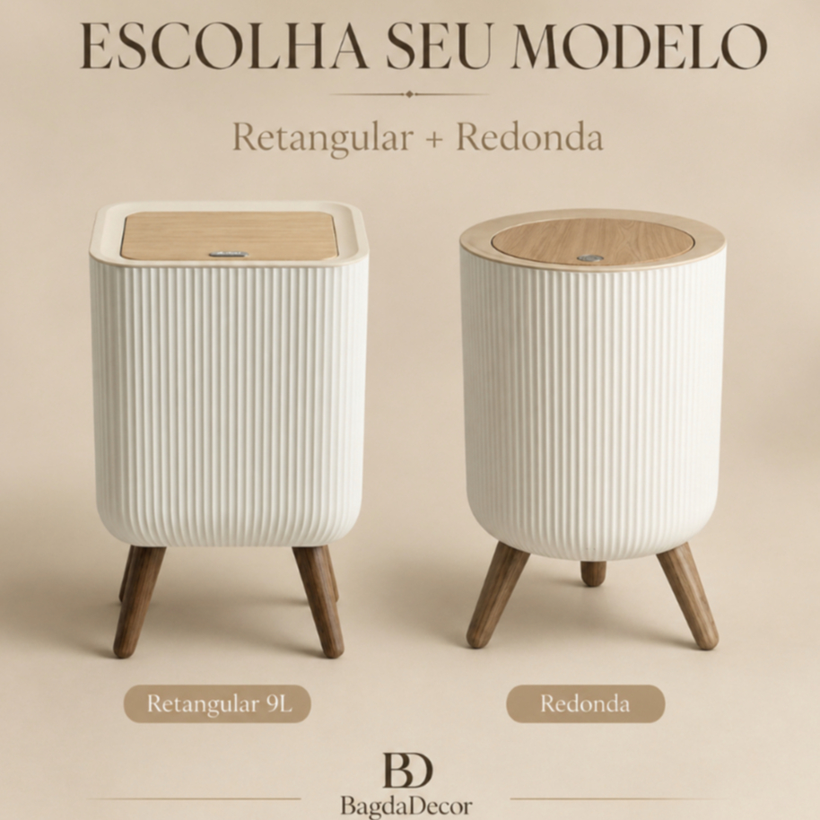 Lixeira De Plástico 9/8 Litros Branca Com Pés De Bambu Com Tampa Click De Pressão Cozinha Banheiro
