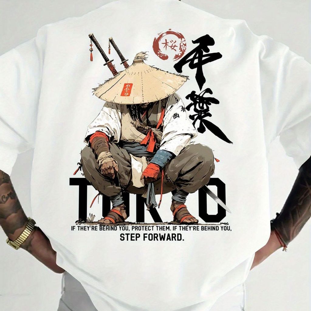 Camiseta 100% algodão oversize unissex, estampa arte oriental samurai com frases, tecido respirável para verão