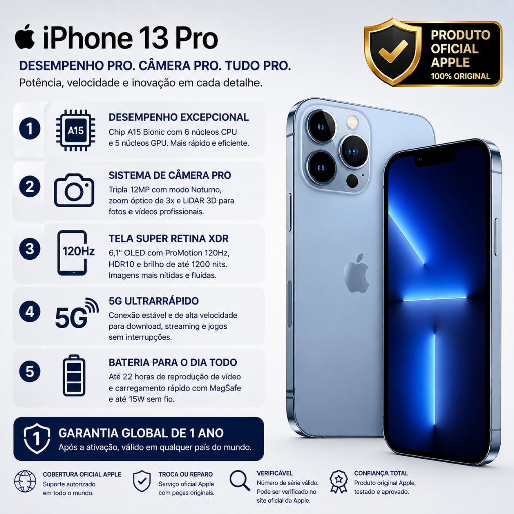 Apple iPhone 13 Pro 256GB / 512GB Novo – Aparelho de Substituição Oficial Apple 