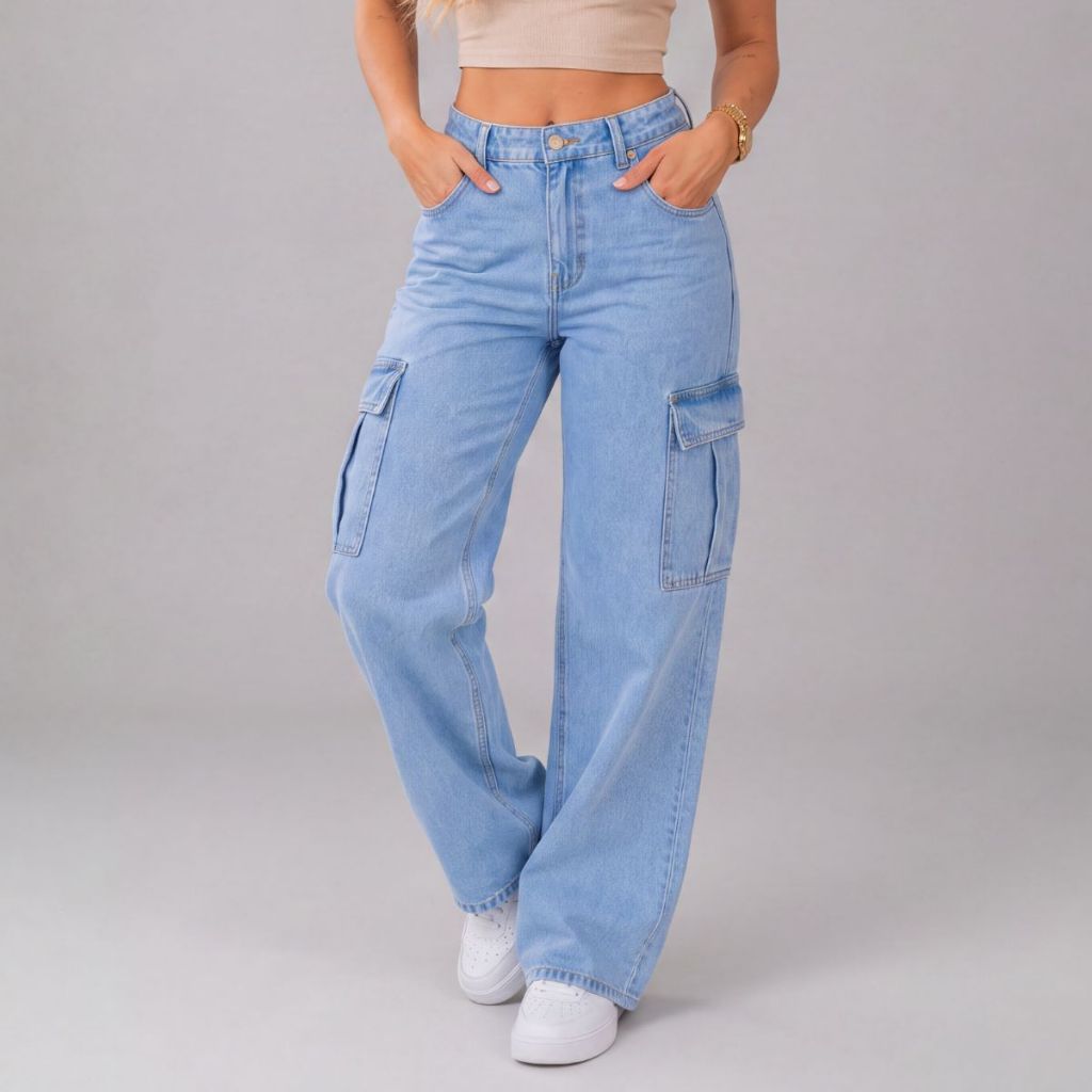 Calça Jeans Cargo Feminina Wide Leg Pantalona Larga Cintura Alta Sem Lycra 100% Algodão 5 Cores 34 ao 44
