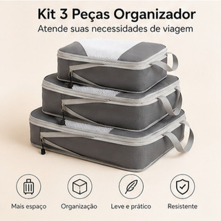 Kit 3 Organizadores de Mala Compressíveis Grande Capacidade com Tela Visível e Zíper Duplo para Armazenar Roupas