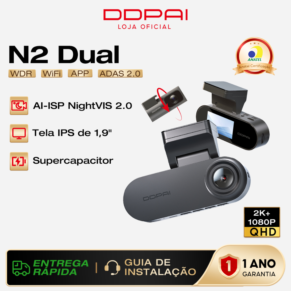 Câmera Veicular DDPAI N2 Dual 2k+1080p Uber App 1,9'' Tela Visão Noturna AI ISP Gravação em Loop