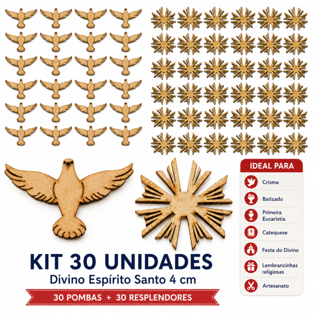 Kit 30 Divino Espírito Santo 4cm MDF Aplique Lembrancinha Crisma Batizado Eucaristia Artesanato