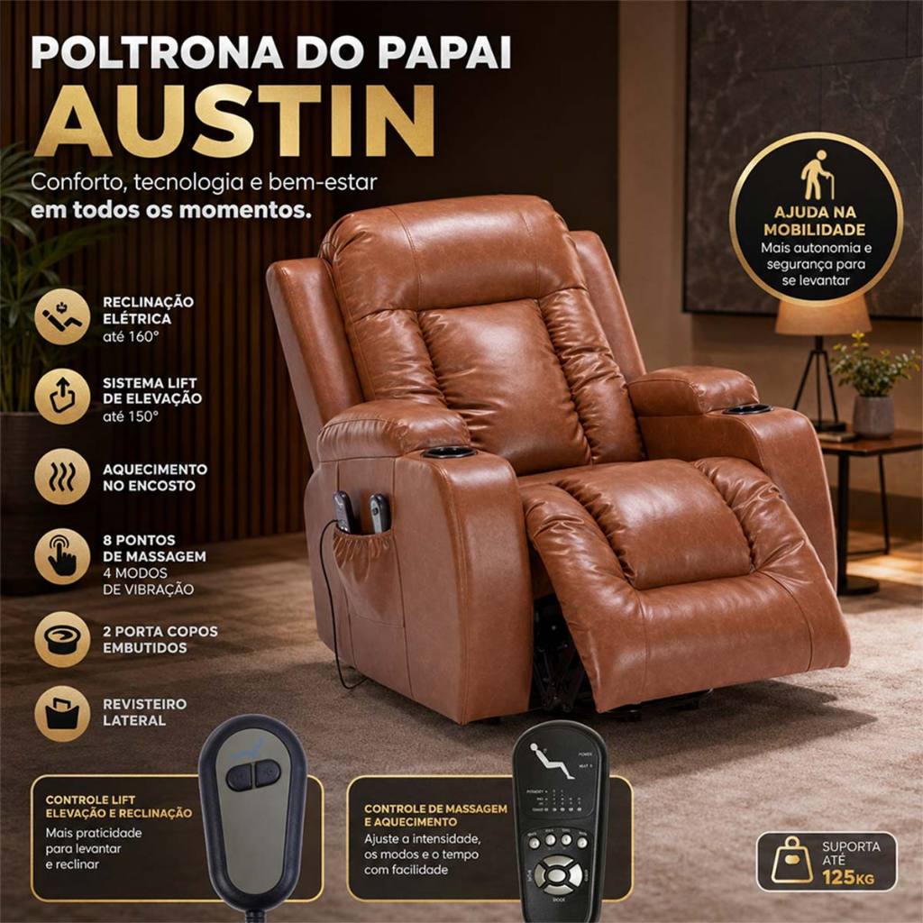 Poltrona de Leitura Poltrona do Papai Lift Poltrona Reclinável Austin Elétrica Massagem PU Caramelo G94 — imagem 2 de 2
