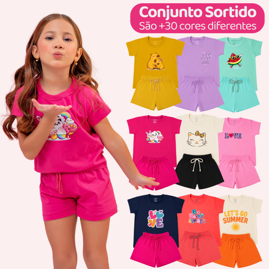 Kit Sortido de 6 ou 4 Peças de Roupas Infantil Menina Kit com Conjuntos de Roupa Infantil Menina Verão 100% Algodão