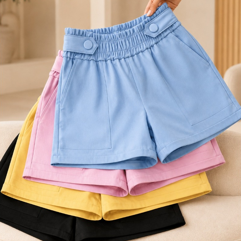 Short Alfaiataria Feminino Cintura Alta com Elástico Bolso Social Elegante Liso Casual P M G GG
