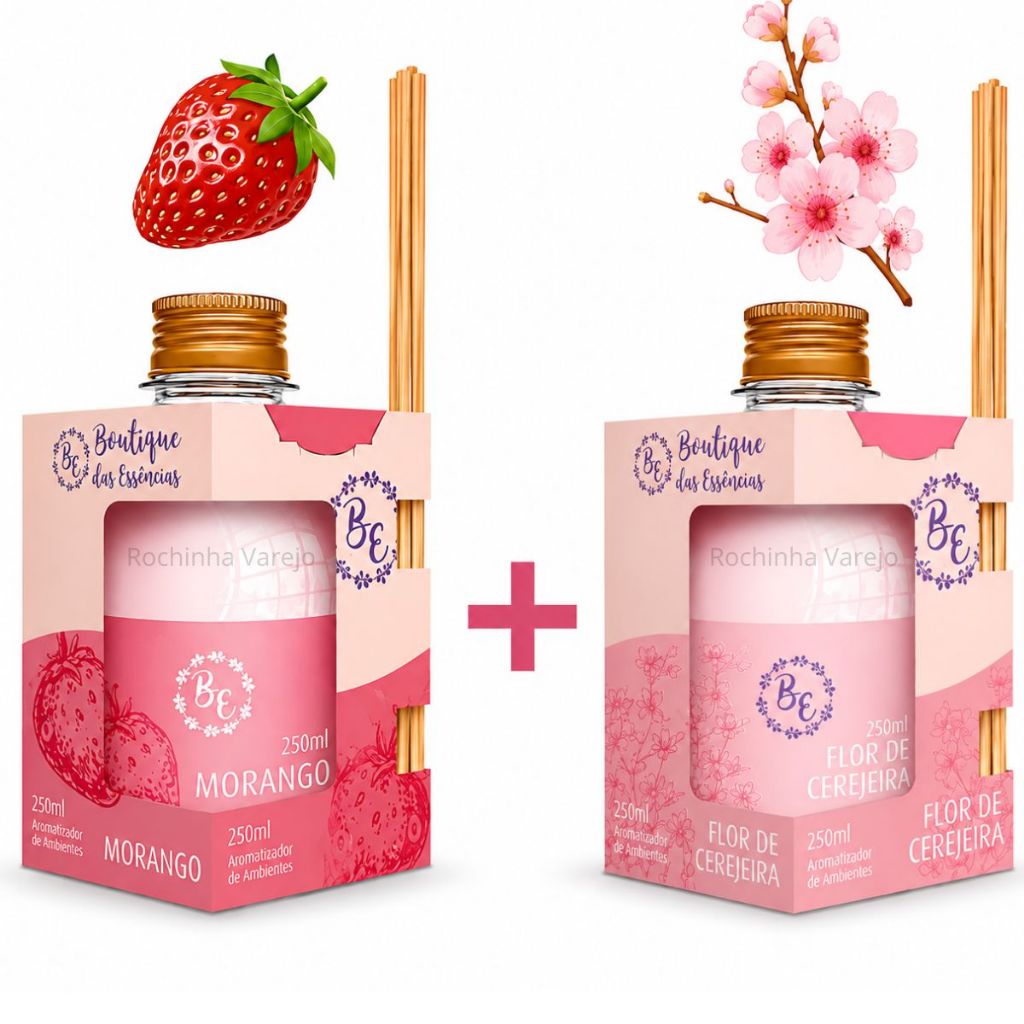 Imagem 2 Difusor Aromatizadores de Ambiente  Aroma de Morango e Flor de Cerejeira 250 ml com 5 Varetas Cada