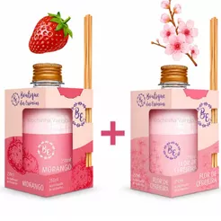 2 Difusor Aromatizadores de Ambiente Aroma de Morango e Flor de Cerejeira 250 ml com 5 Varetas Cada