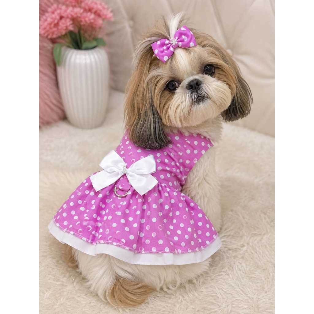 Vestido Cachorro Fêmea Poá Rosa Com Laço E Argola Guia