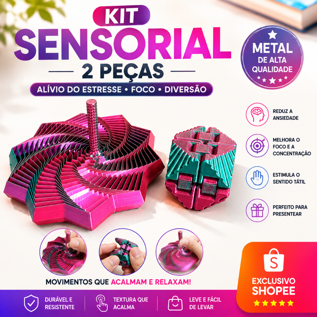 Kit Fidget Toy Sensorial 3D Estrela + Cubo Infinito Hexagonal Antiestresse