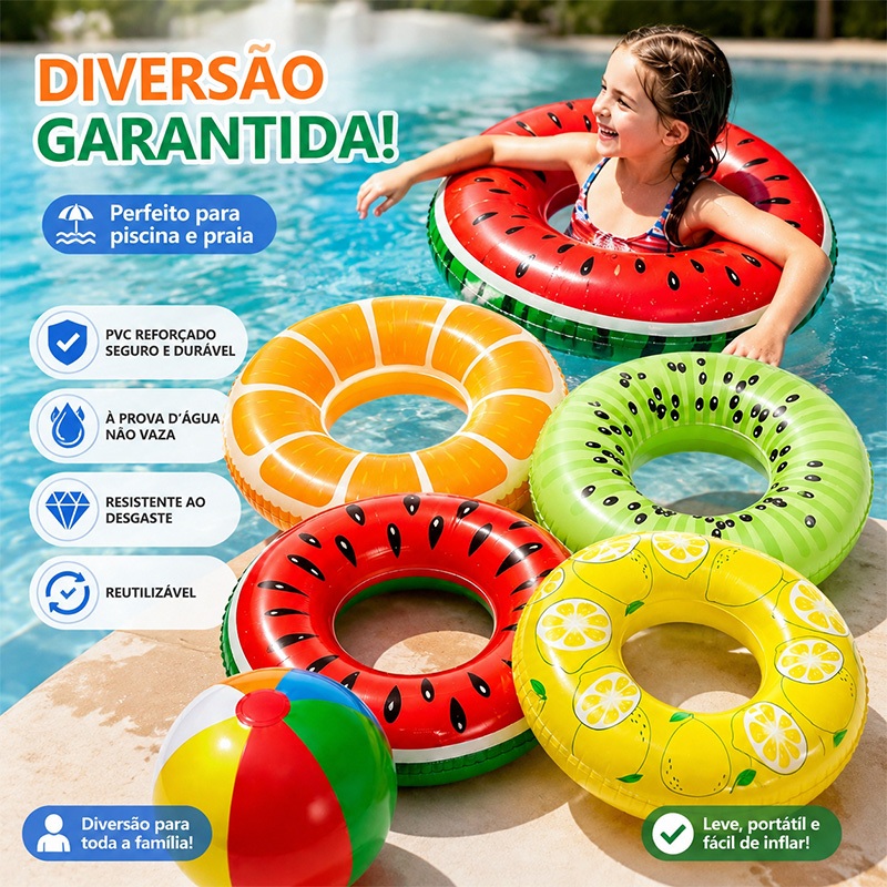 Kit Boia Inflável Frutas Gigantes 90cm Para Piscina 6 Peças + Bola De Praia 40cm Brinquedo Verão Infantil Adulto