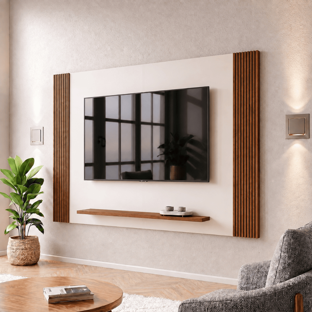 Painel Home Theater Suspenso Ripado Canelado Branco 70 Pol Prateleira e Suporte TV - Blue Moby