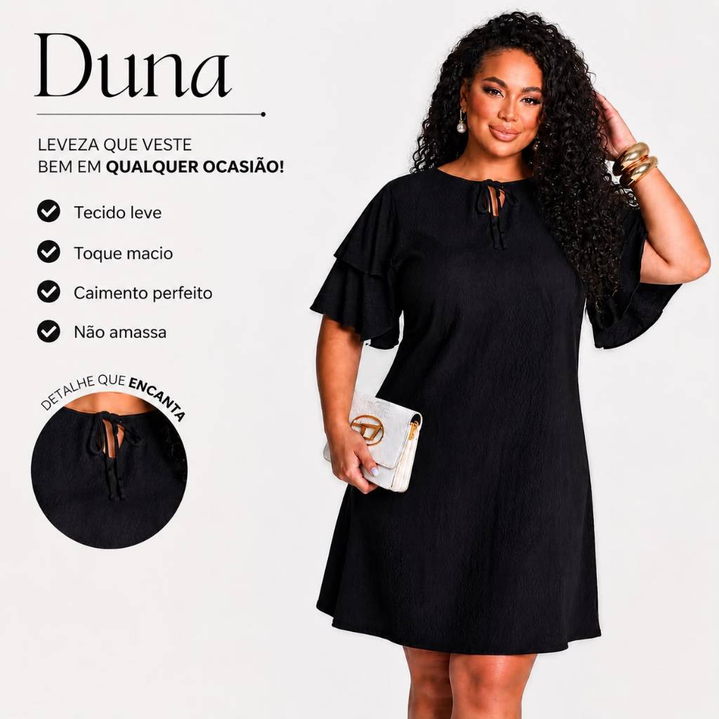 Vestido Feminino Plus Size Preto Curto Soltinho Manga Curta Elegante Confortável Tecido Duna
