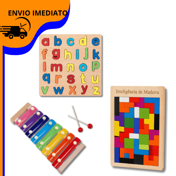 Brinquedo Montessori de Madeira – 3D TETRIS, Xilofone Sensorial Didático e LETRA MINUSCULA