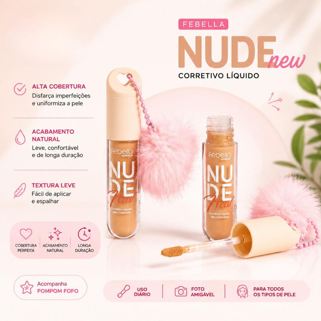 Corretivo Líquido Febella Nude New Alta Cobertura com Acabamento Natural com Cheveiro Pompom Fofo