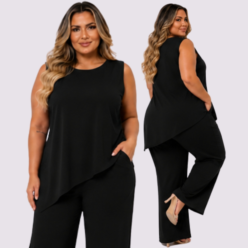 Conjunto Feminino Calça Pantalona pernas largas,bolsos,cos lastex,blusa de ponta assimetrica sem manga regata Cavada