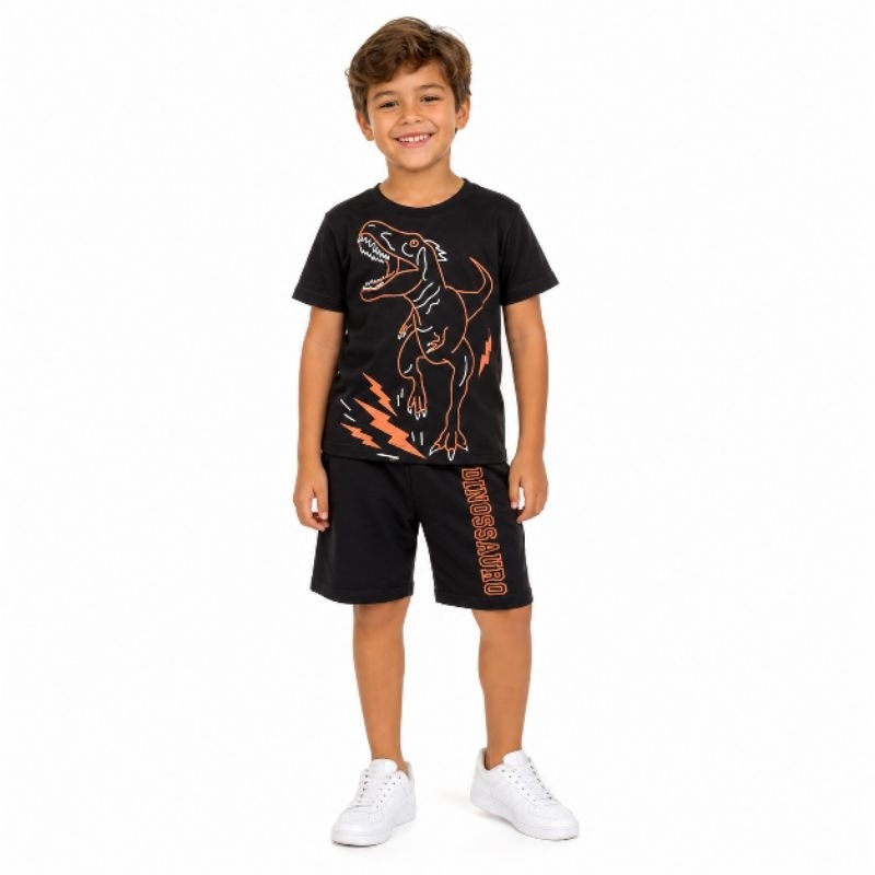Conjunto Manga Curta  Infantilde Menino Temático do Dinossauro preto