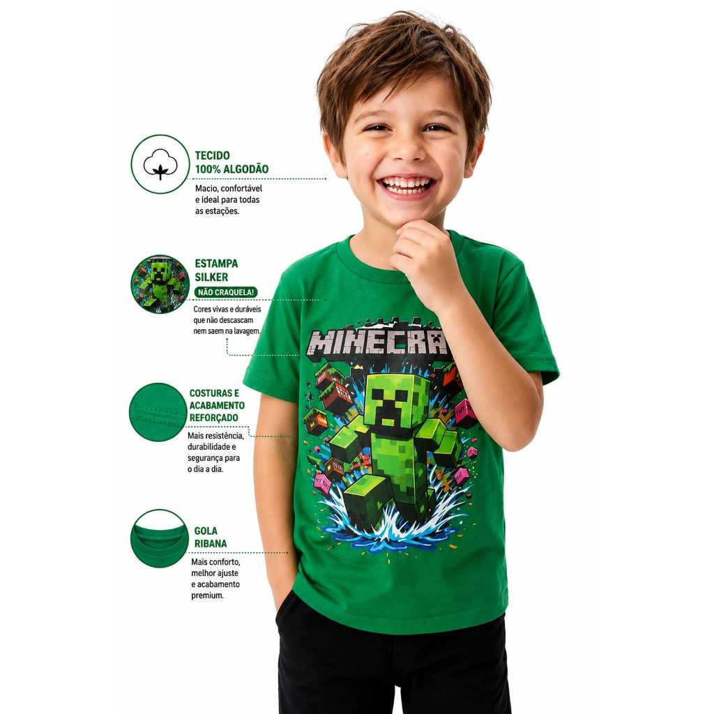 Camiseta Infantil Masculino MineCraft Manga CURTA 100% Algodão Confortável Menino