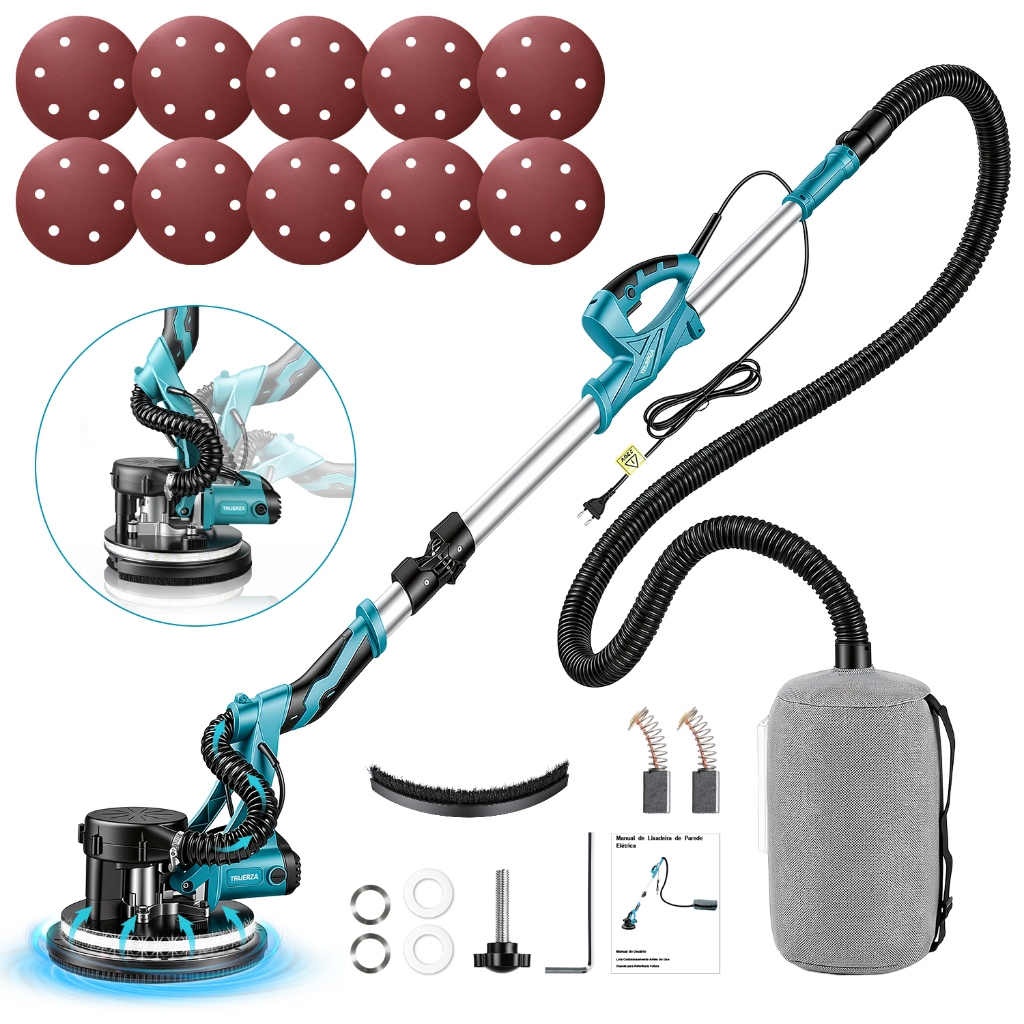 Imagem Lixadeira de Parede e Teto Telescópica 360° Profissional 900W, 3000rpm, com Aspiração, 7 Velocidades Variáveis, Luz LED