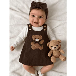 Conjunto Bebê Menina Salopete Veludo E Body Manga Longa + Faixa Agatha